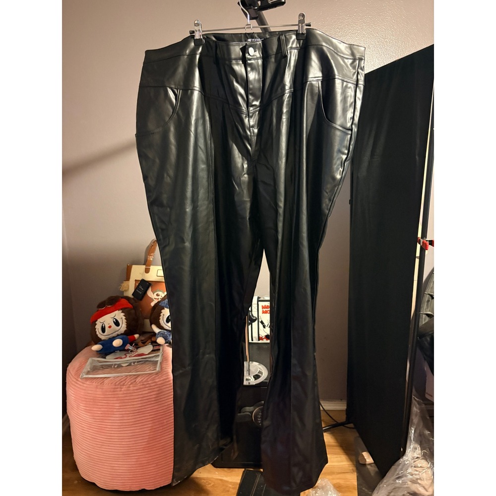 PrettyLittleThing Plus Faux Leather Seam Detail Wide Leg Trousers Black US 24
